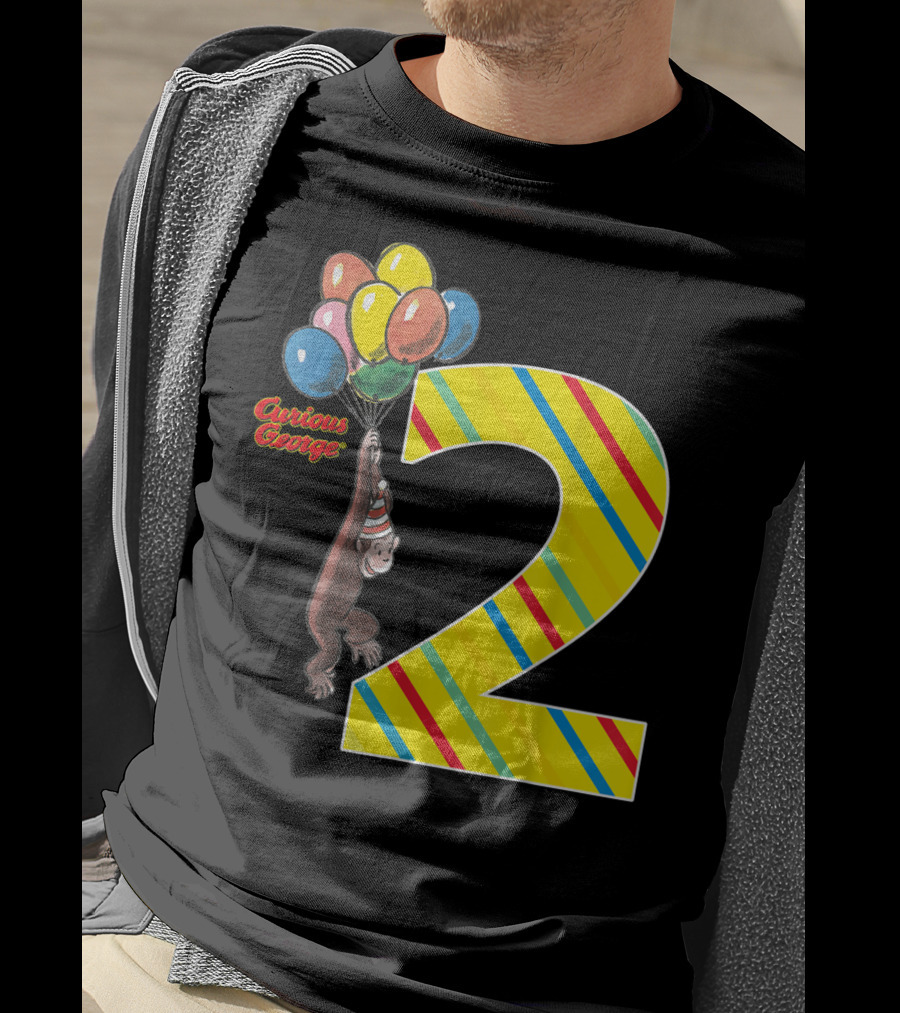 Curious George Holding Balloons Next To Colorful Striped Number 2 For Second Birthday T-Shirt
