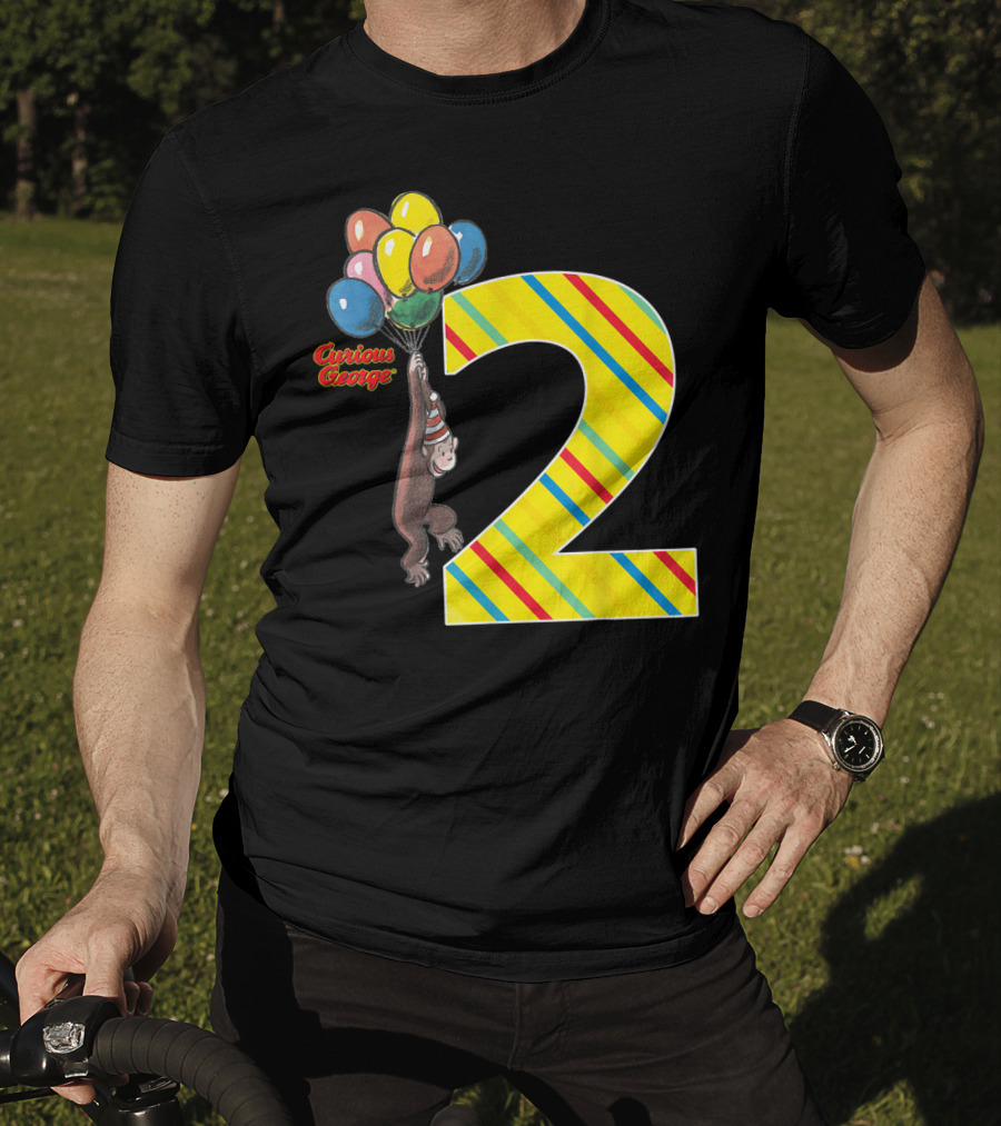 Curious George Holding Balloons Next To Colorful Striped Number 2 For Second Birthday T-Shirt