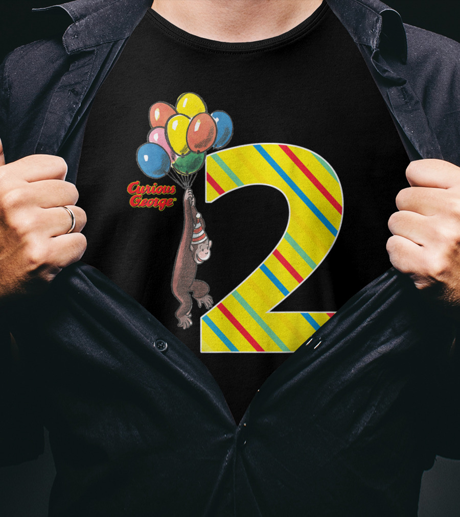 Curious George Holding Balloons Next To Colorful Striped Number 2 For Second Birthday T-Shirt