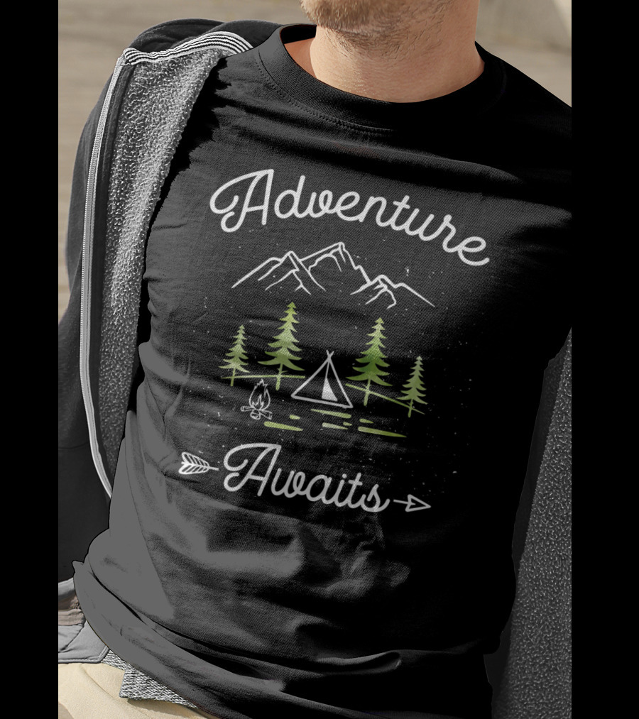 Adventure Awaits Camping Hiking Outdoor Travel Mountains Trees Tent Campfire Arrow T-Shirt