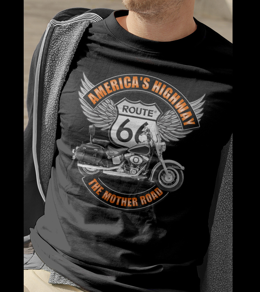 America's Highway Route 66 The Mother Road Motorcycle Wings T-Shirt