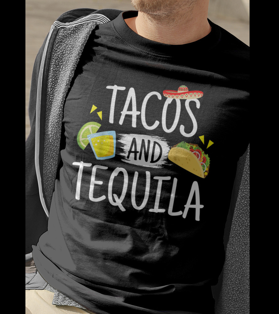 Tacos And Tequila Mexican Sombrero With Lime Slice And Taco Icons T-Shirt
