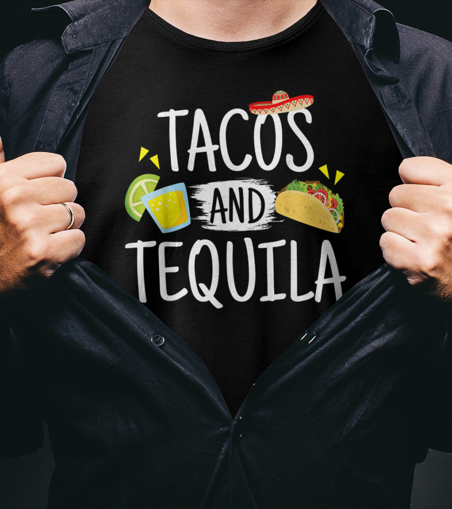 Tacos And Tequila Mexican Sombrero With Lime Slice And Taco Icons T-Shirt
