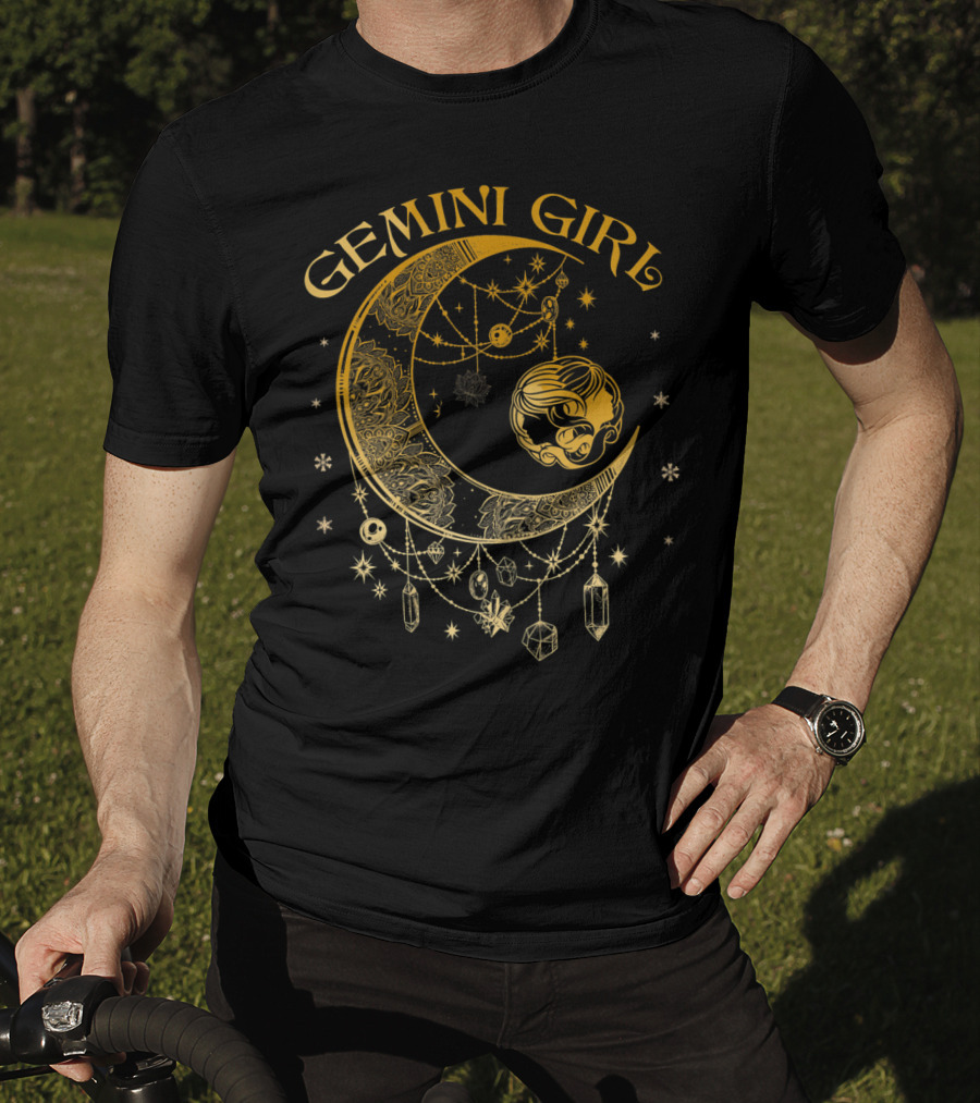 Gemini Girl Zodiac Henna Moon With Crystals And Stars T-Shirt