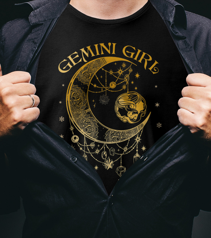 Gemini Girl Zodiac Henna Moon With Crystals And Stars T-Shirt