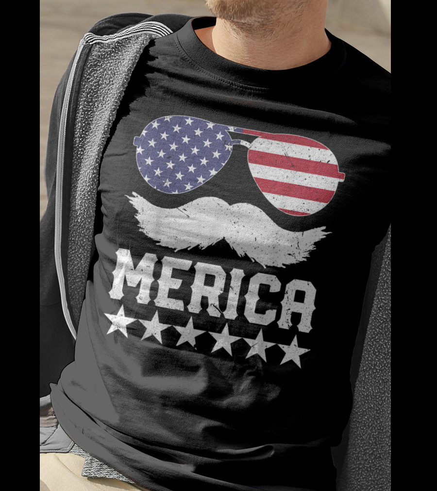 MERICA USA Flag Mustache Sunglasses Stars Independence Day T-Shirt