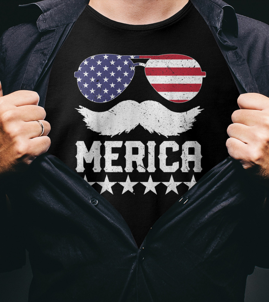 MERICA USA Flag Mustache Sunglasses Stars Independence Day T-Shirt