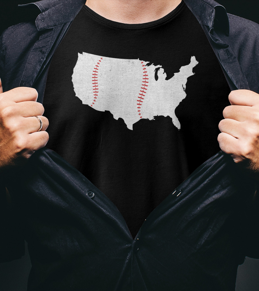 Baseball Is America's Pastime USA Map Stitch T-Shirt