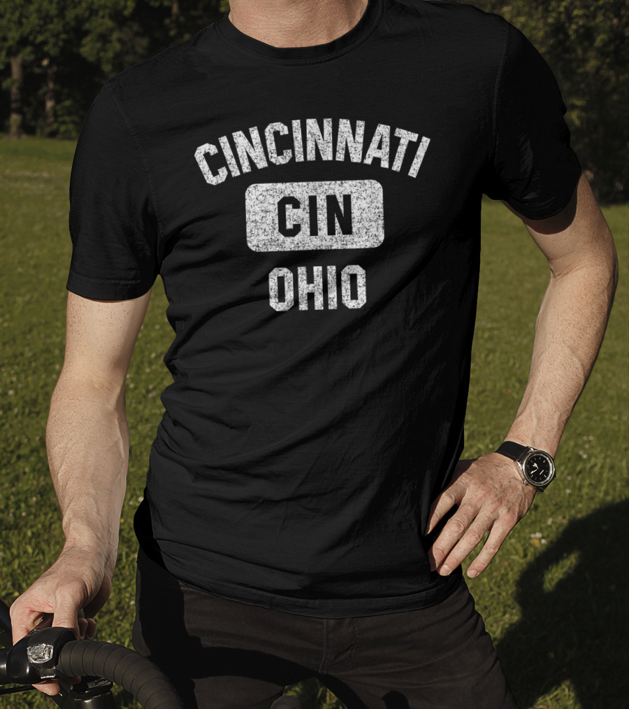 Cincinnati CIN Ohio Gym Style Distressed White T-Shirt