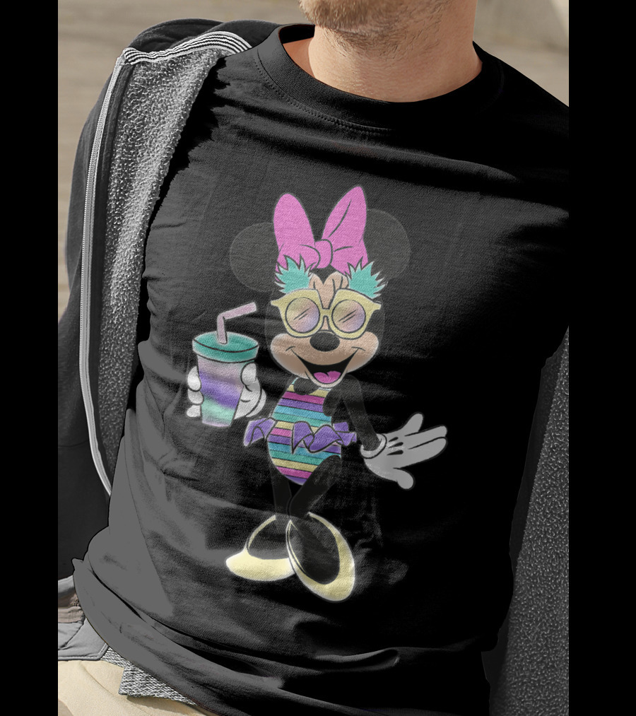 Disney Minnie Mouse Striped Swimsuit With Unicorn Colors And Pineapple Sunglasses T-Shirt