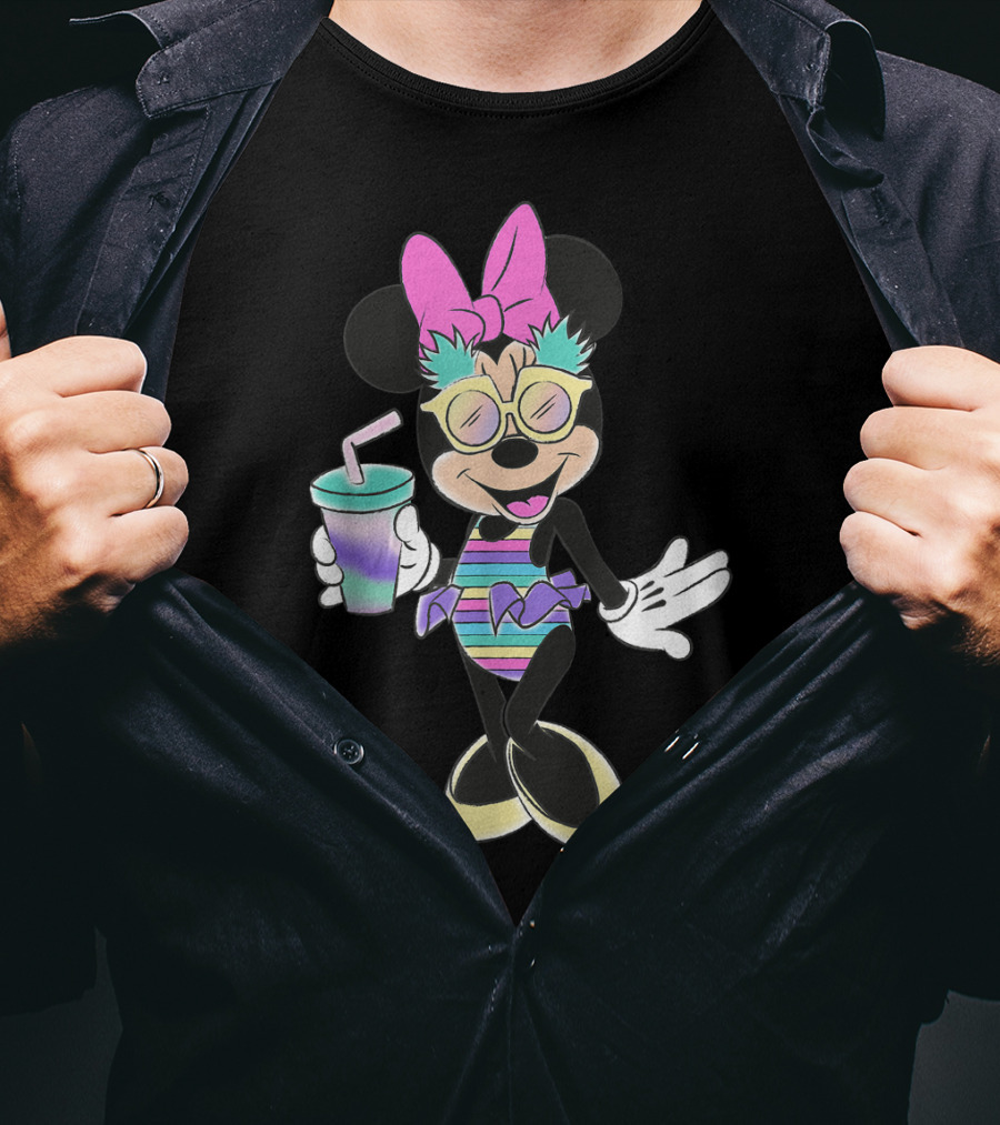 Disney Minnie Mouse Striped Swimsuit With Unicorn Colors And Pineapple Sunglasses T-Shirt