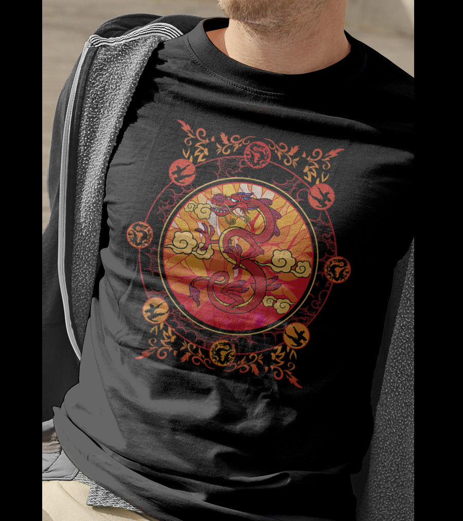 Disney Mulan Mushu Stained Glass Style Circle With Ornate Red And Orange Details T-Shirt