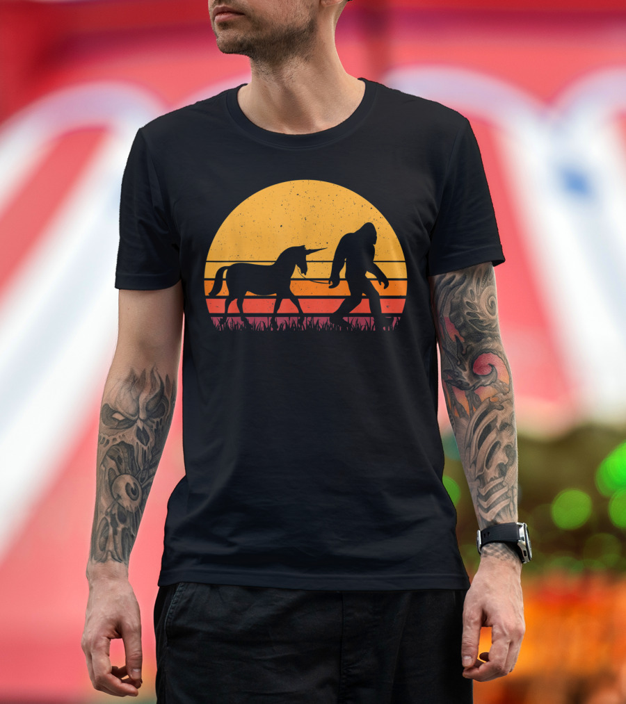 Bigfoot Sasquatch Walking a Unicorn Retro Sunset T-Shirt