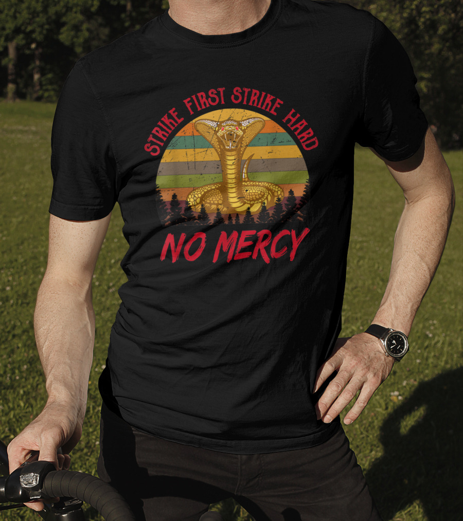 Strike First Strike Hard No Mercy Cobra Retro Stripes T-Shirt