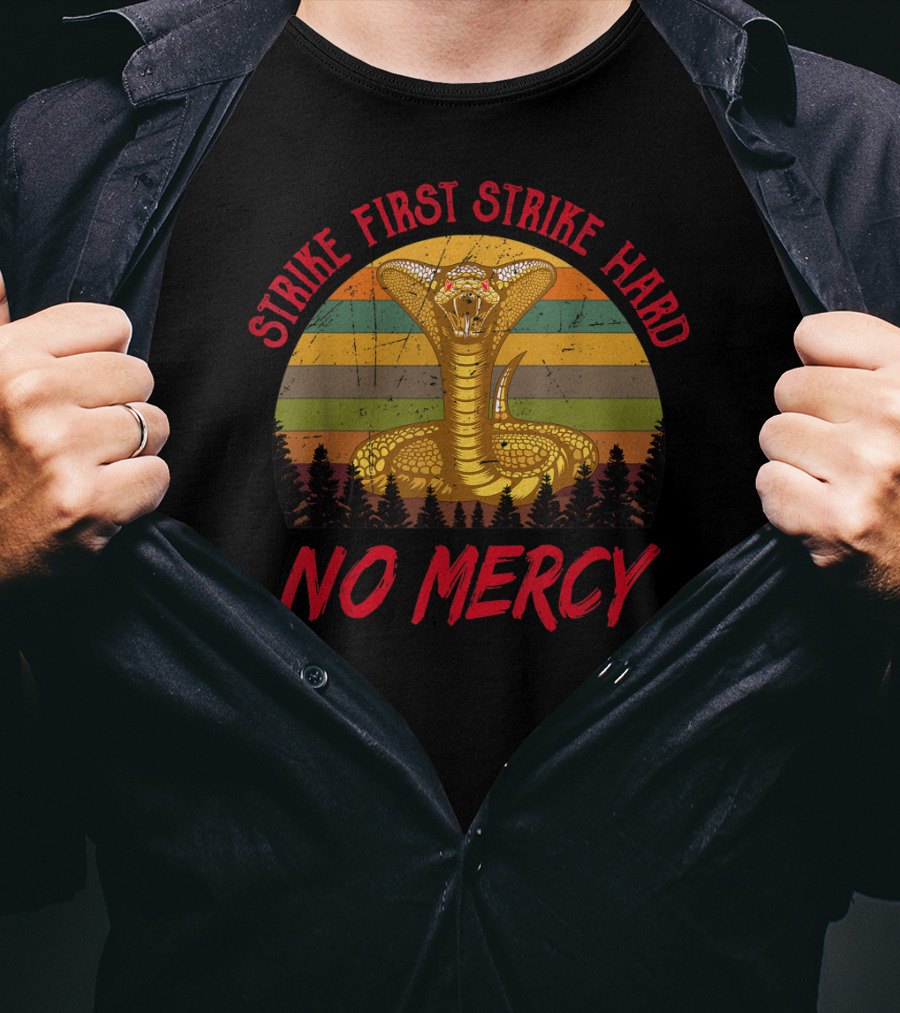 Strike First Strike Hard No Mercy Cobra Retro Stripes T-Shirt
