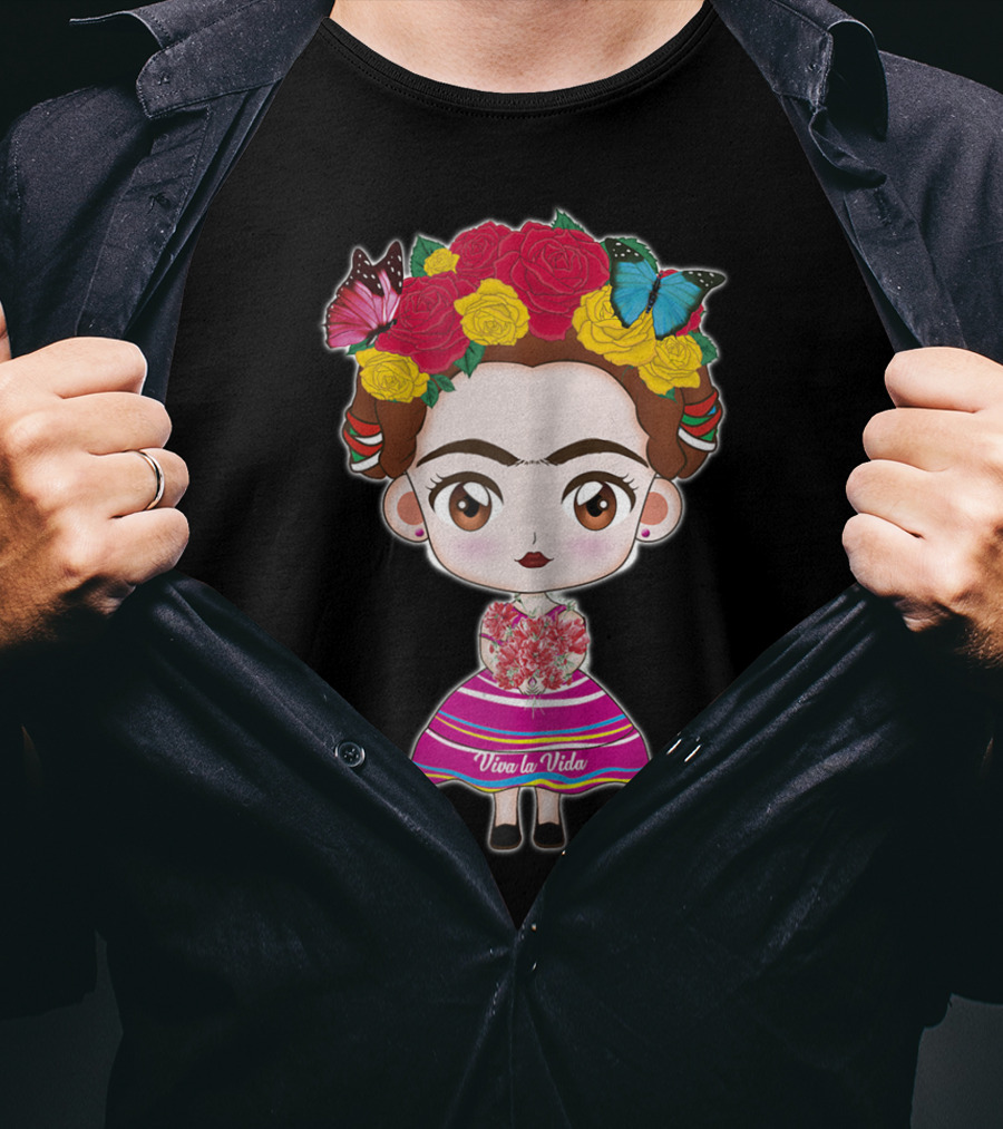 Viva Mexico Viva La Vida Mexican Frida With Flower Crown And Butterflies T-Shirt