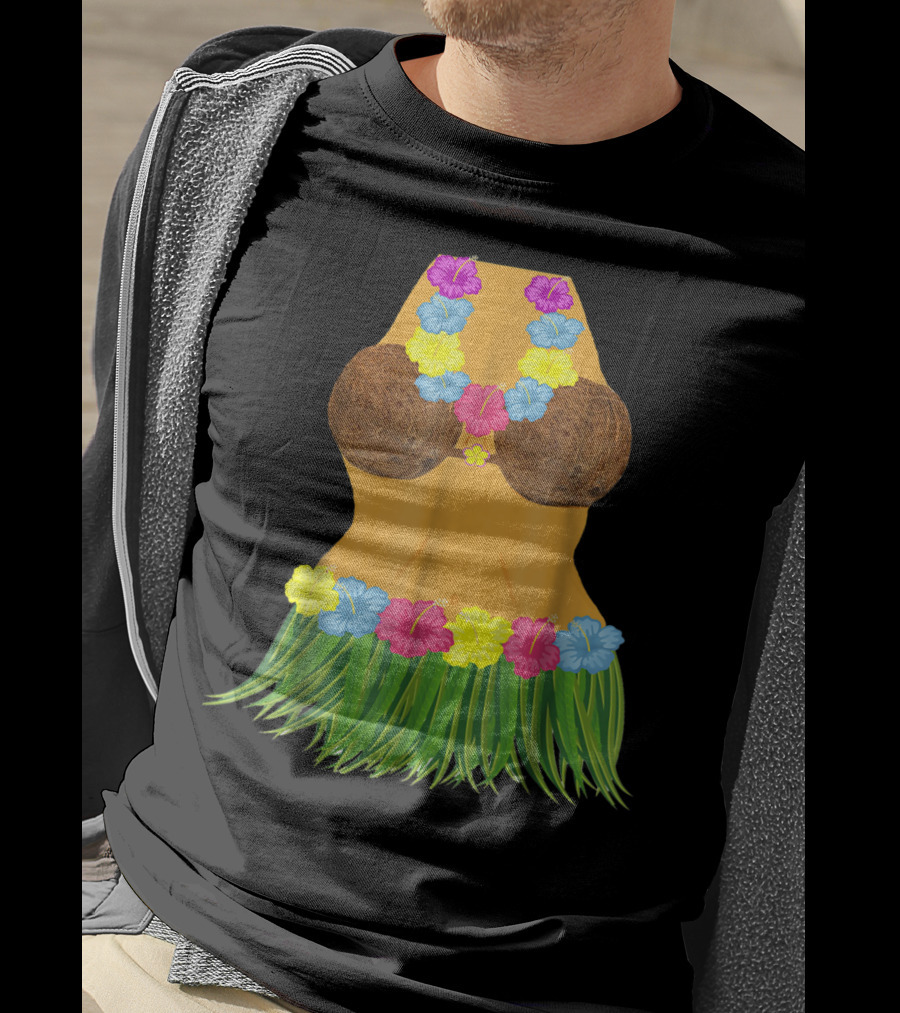 Coconut Bra Grass Skirt Lei Flowers Summer Tropical T-Shirt