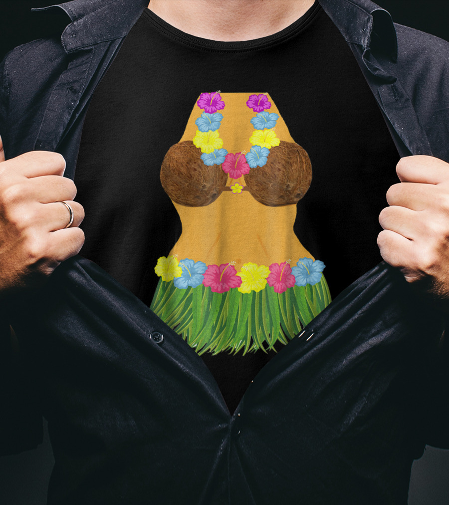 Coconut Bra Grass Skirt Lei Flowers Summer Tropical T-Shirt
