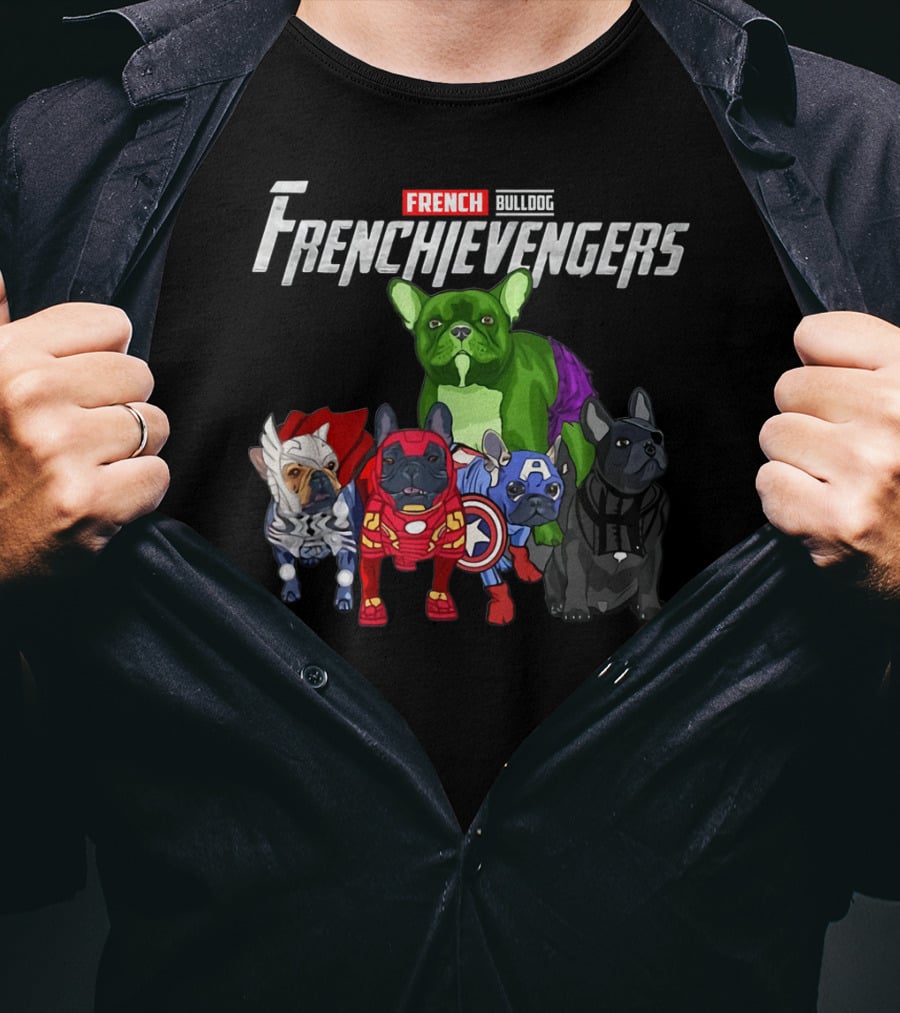 Frenchievengers French Bulldog Superhero Team Funny Dog T-Shirt