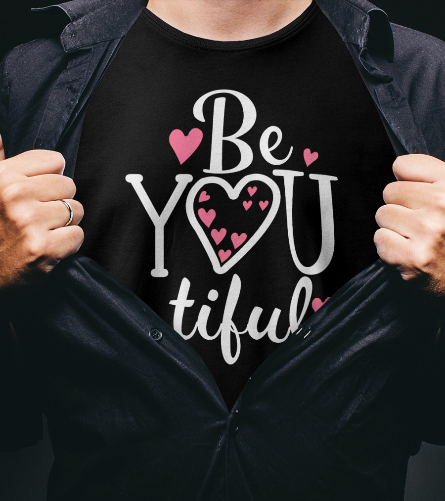 Be YouTiful Heart Pink Love Typography T-Shirt