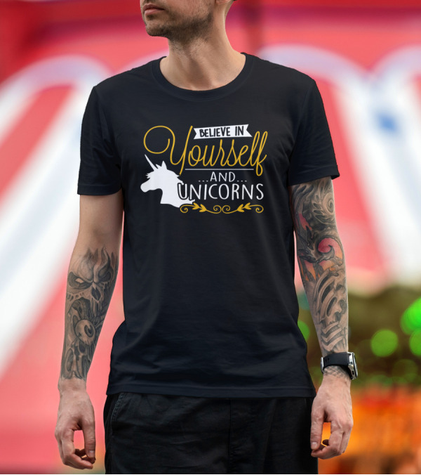Premium T-Shirt: Believe in Yourself and Unicorns Head Graphic Whimsical Font T-Shirt Believe in Yourself and Unicorns Head Graphic Whimsical Font T-Shirt