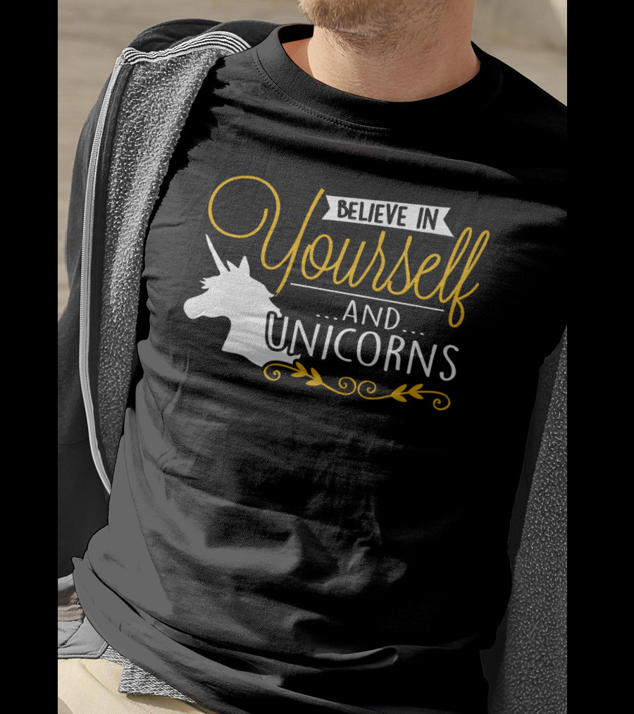 Believe In Yourself And Unicorns Head Graphic Whimsical Font T-Shirt