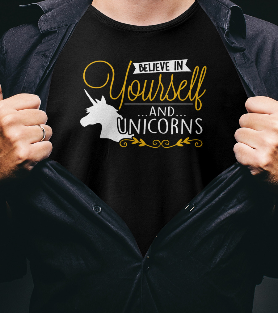 Believe In Yourself And Unicorns Head Graphic Whimsical Font T-Shirt