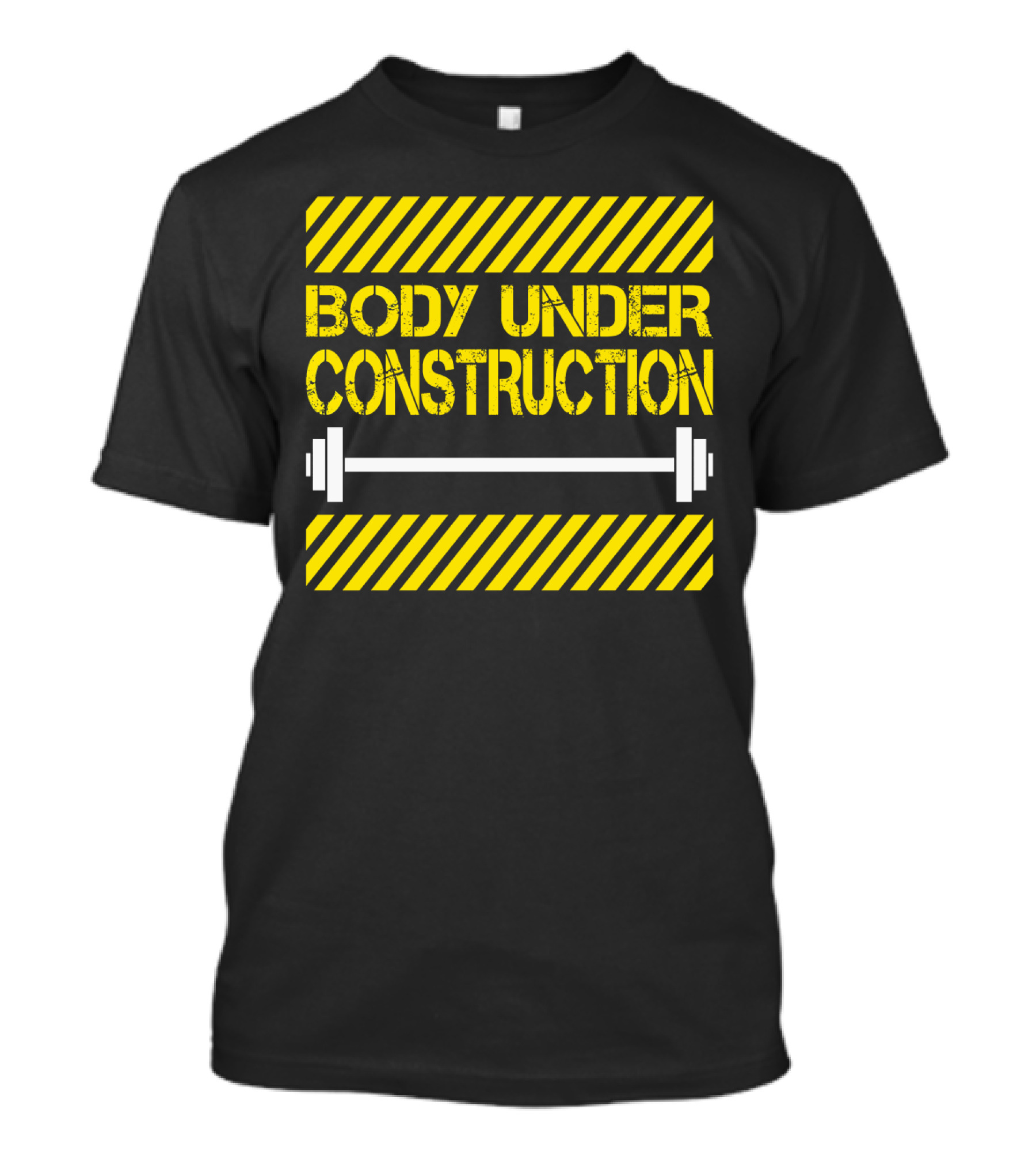 Body Under Construction Yellow Stripes Weightlifting Barbell T-Shirt