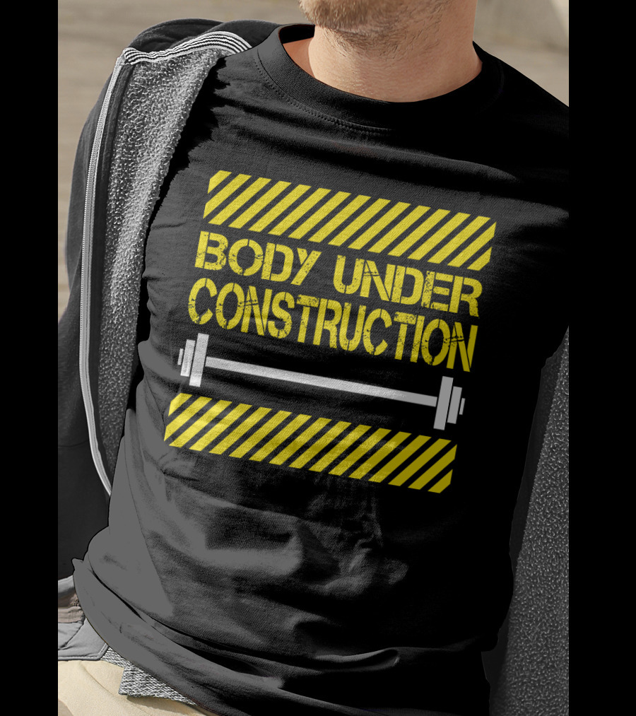 Body Under Construction Yellow Stripes Weightlifting Barbell T-Shirt