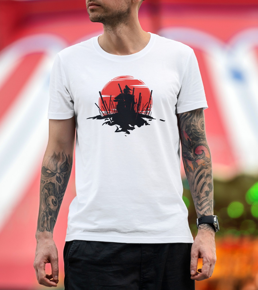 The End of the Battle Samurai Silhouette against Red Sun Rising T-Shirt