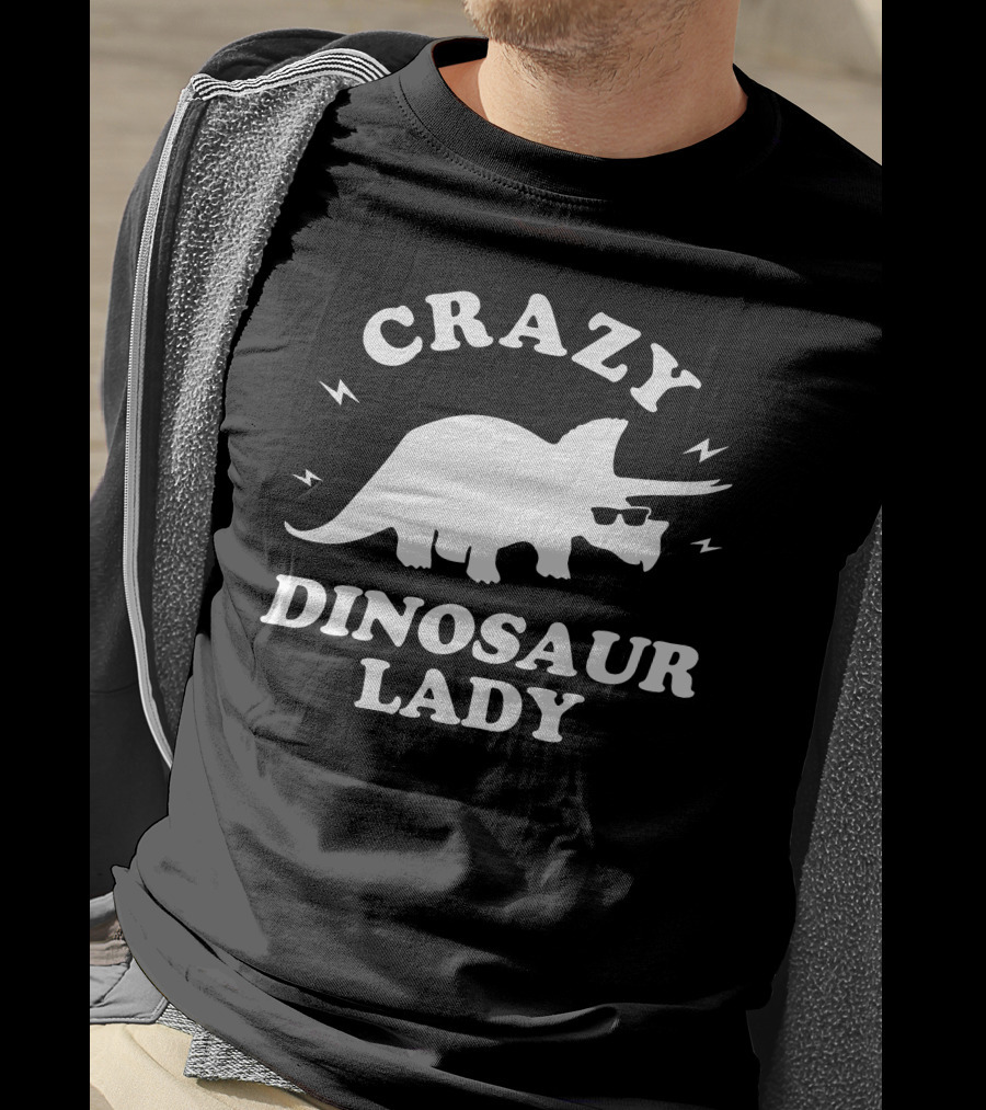 CRAZY DINOSAUR LADY Triceratops With Sunglasses And Lightning Bolts T-Shirt