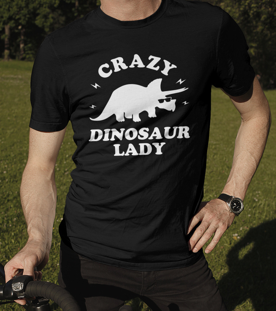 CRAZY DINOSAUR LADY Triceratops With Sunglasses And Lightning Bolts T-Shirt