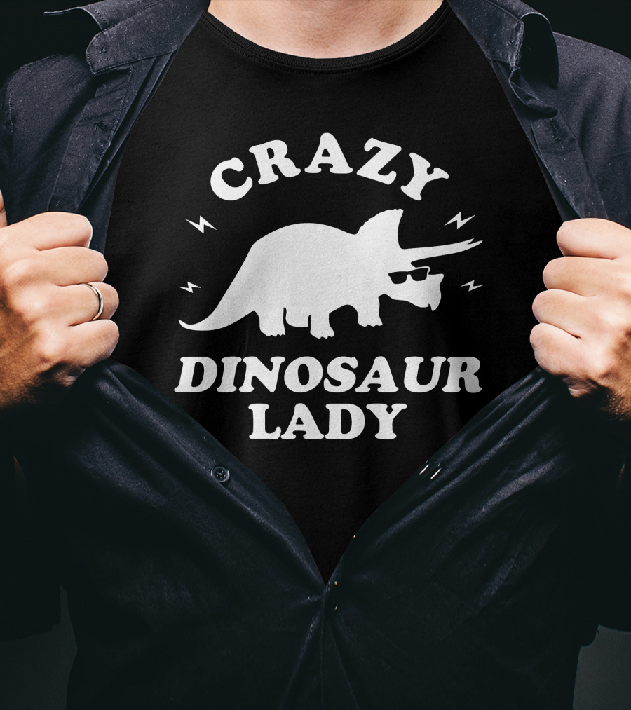 CRAZY DINOSAUR LADY Triceratops With Sunglasses And Lightning Bolts T-Shirt