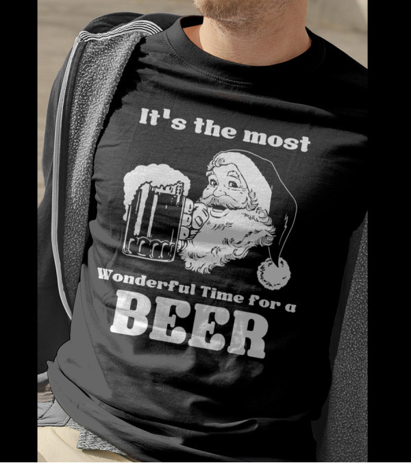 Christmas Santa It's The Most Wonderful Time For A Beer With Santa Hat And Mug Of Beer T-Shirt