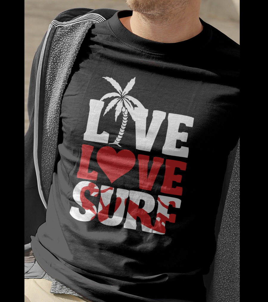 Live Love Surf Palm Tree Heart Ocean Waves T-Shirt