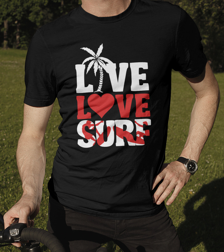 Live Love Surf Palm Tree Heart Ocean Waves T-Shirt