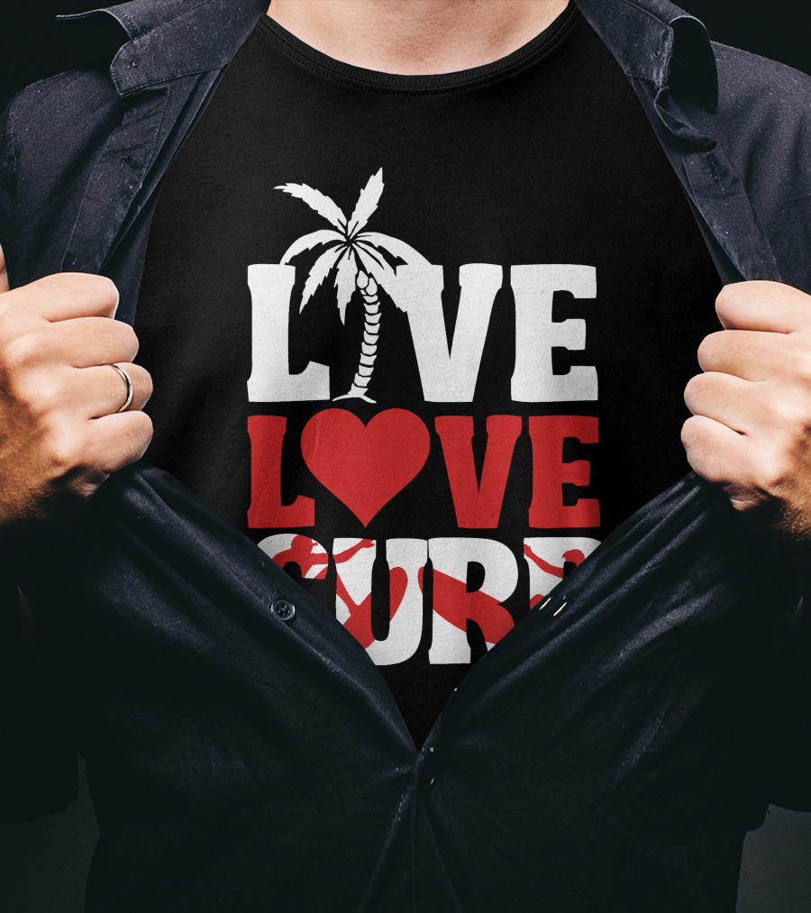 Live Love Surf Palm Tree Heart Ocean Waves T-Shirt
