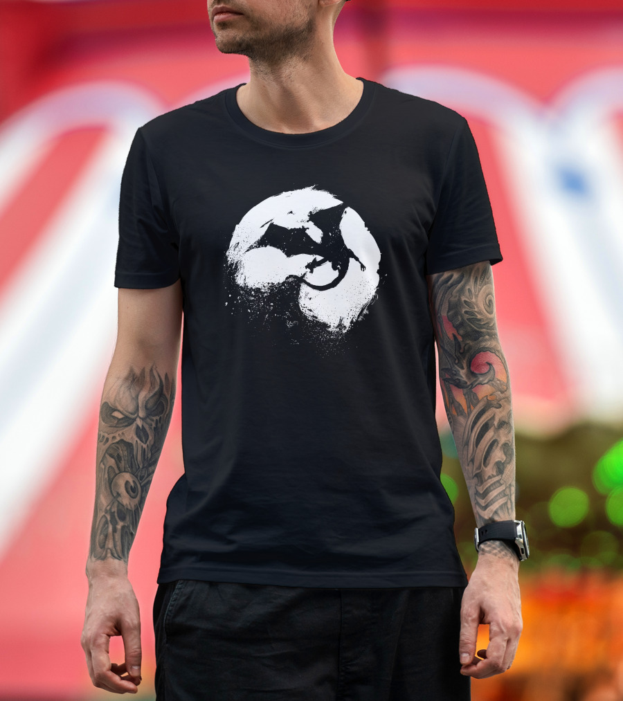 Midnight Desolation Dragon Silhouette in Full Moon T-Shirt