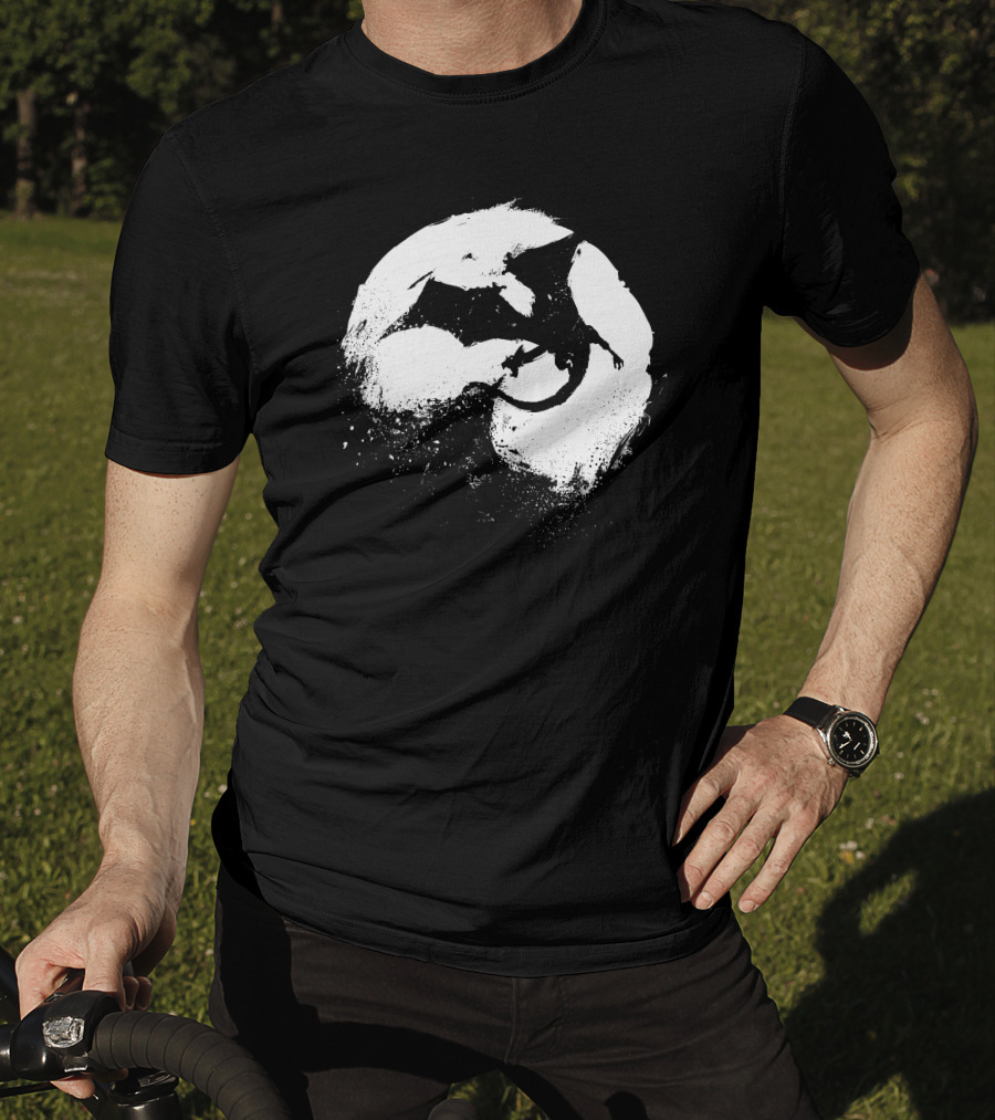 Midnight Desolation Dragon Silhouette In Full Moon T-Shirt