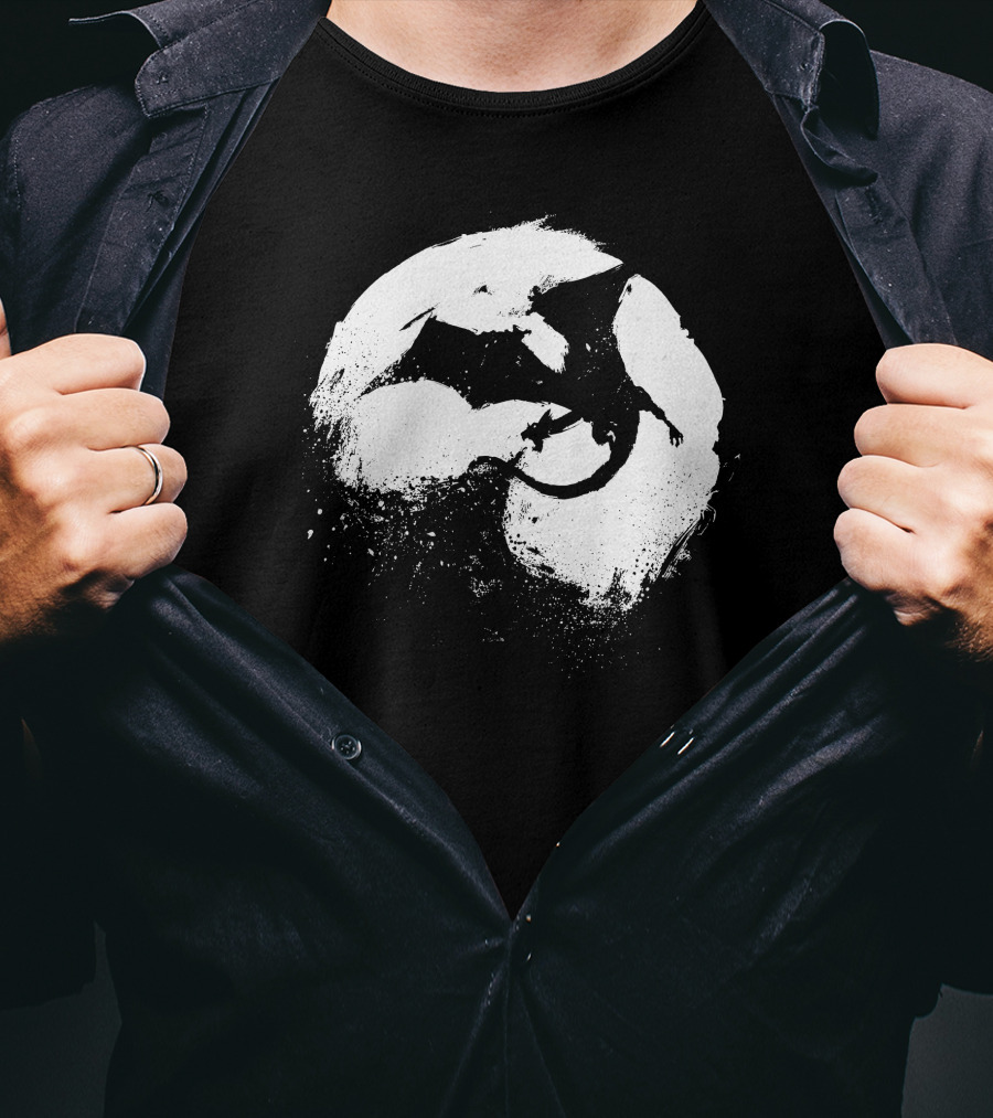 Midnight Desolation Dragon Silhouette In Full Moon T-Shirt