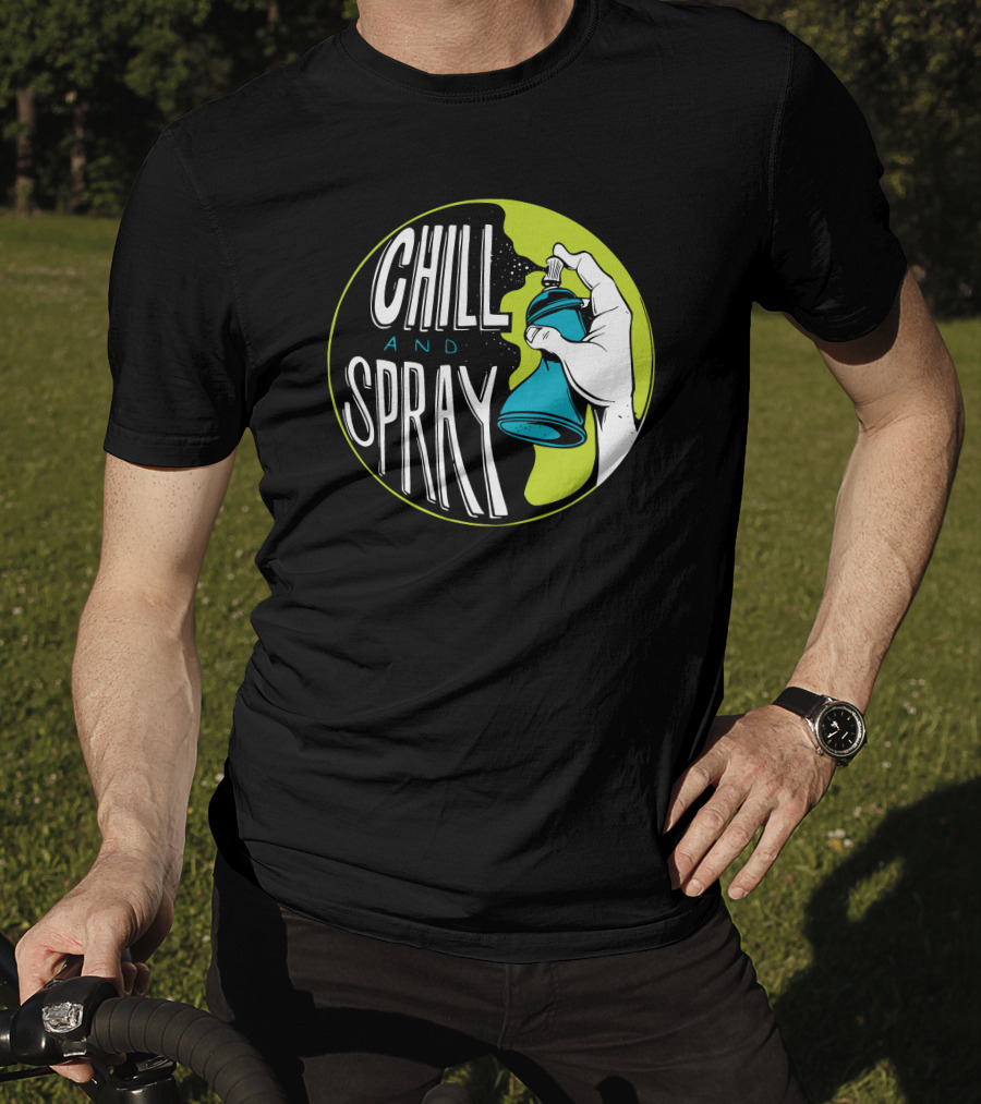 CHILL AND SPRAY Hand Holding Blue Can T-Shirt