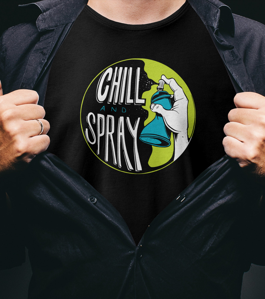 CHILL AND SPRAY Hand Holding Blue Can T-Shirt