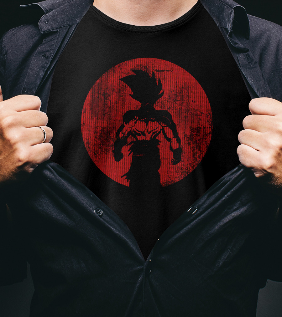 Crimson Saiyan Silhouette Against Red Moon T-Shirt