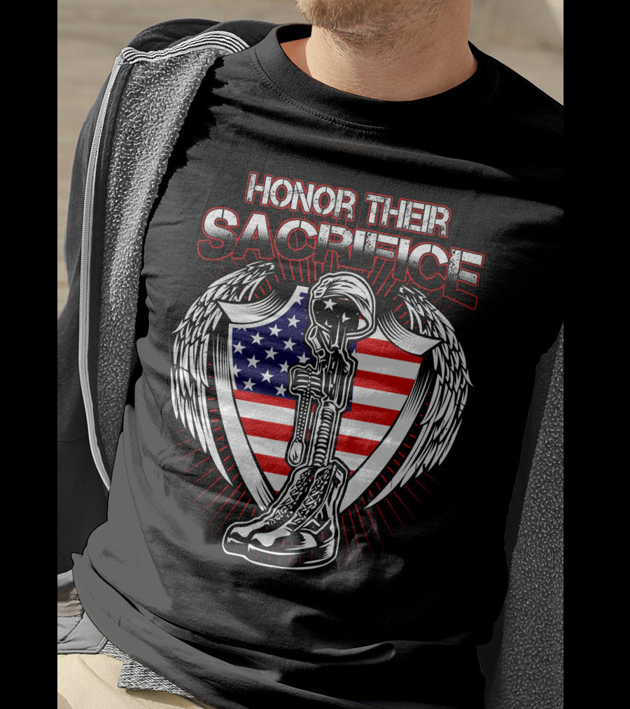 HONOR THEIR SACRIFICE American Flag Winged Soldier Memorial Helmet And Boots T-Shirt