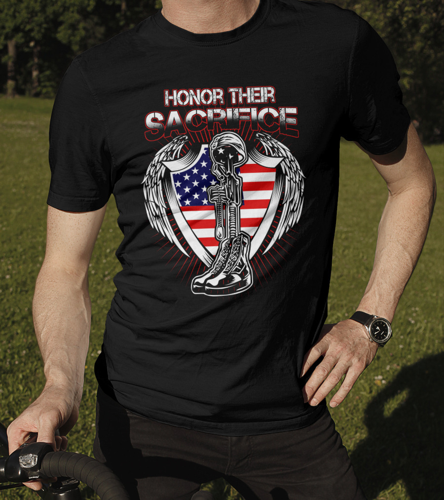 HONOR THEIR SACRIFICE American Flag Winged Soldier Memorial Helmet And Boots T-Shirt