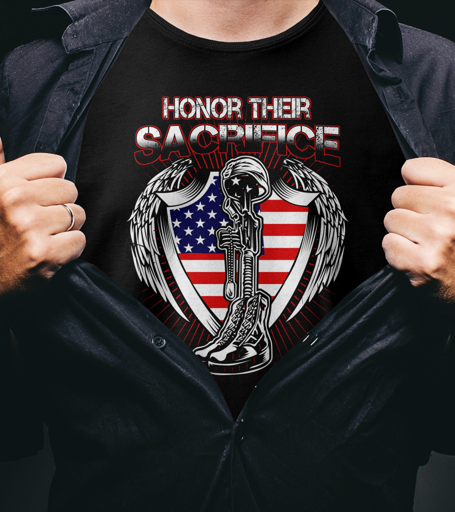 HONOR THEIR SACRIFICE American Flag Winged Soldier Memorial Helmet And Boots T-Shirt