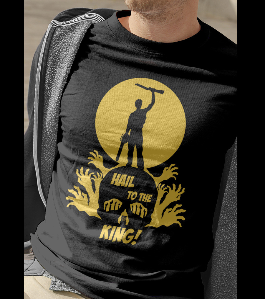 Hail To The King Skeleton Moon Chainsaw Hero With Zombie Hands T-Shirt