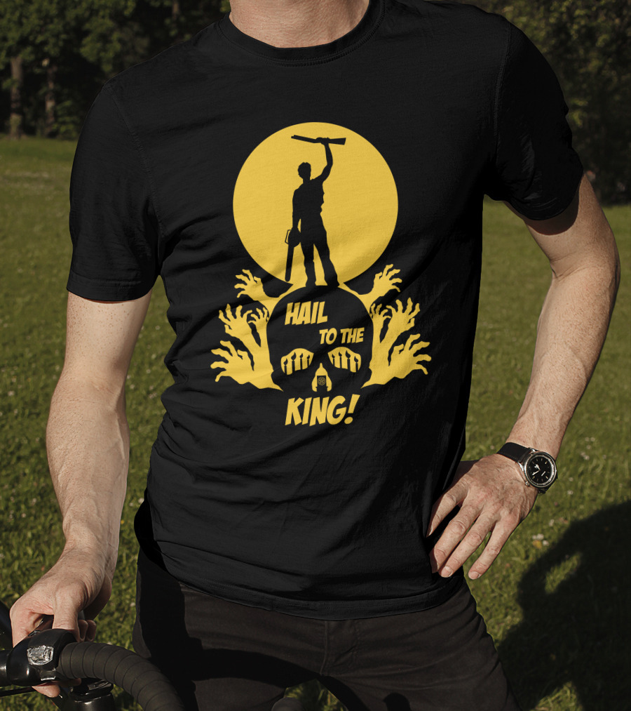 Hail To The King Skeleton Moon Chainsaw Hero With Zombie Hands T-Shirt