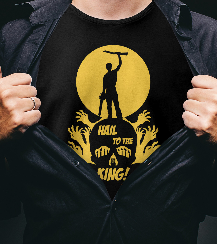 Hail To The King Skeleton Moon Chainsaw Hero With Zombie Hands T-Shirt