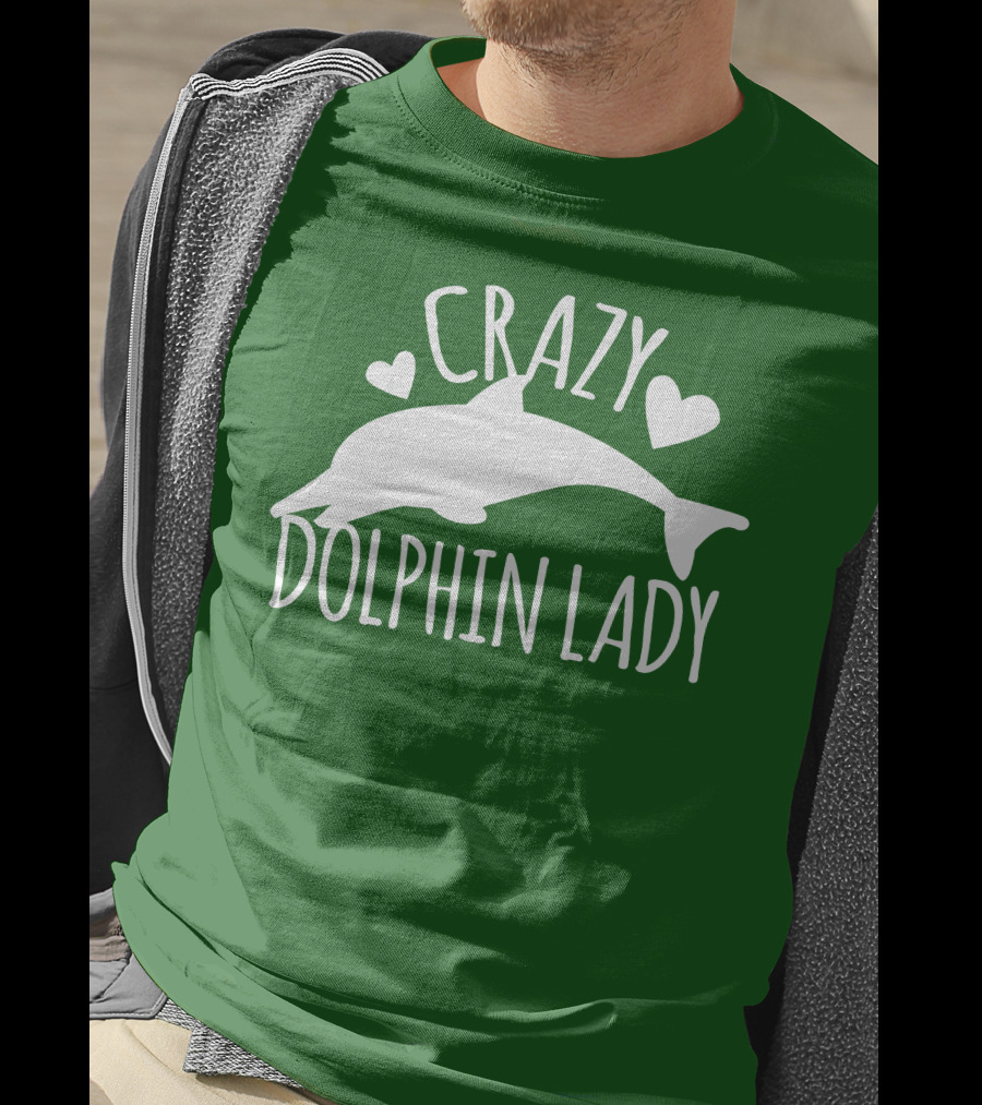 CRAZY DOLPHIN LADY Hearts And Dolphin Silhouette On Green T-Shirt